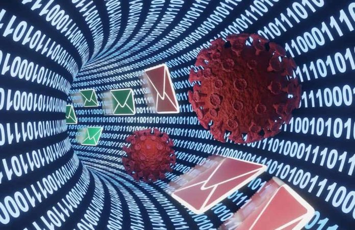Green and red mails flowing in a digital binary tunnel. Illustration of the concept of malware attack during email delivery